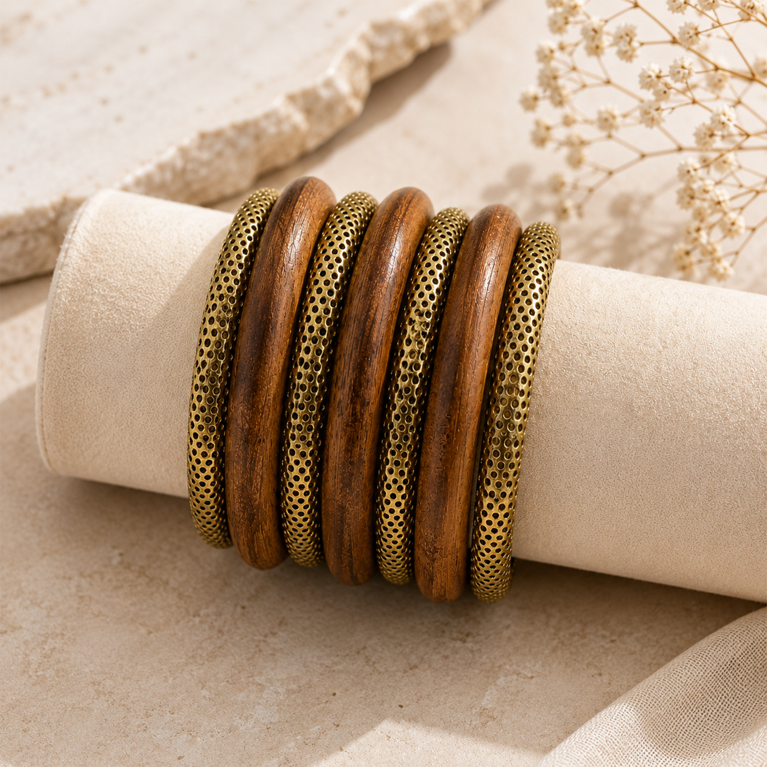 Classic Wooden & Gold-Toned Ethnic Bangle Set for Girls & Women's