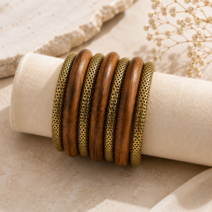 Classic Wooden & Gold-Toned Ethnic Bangle Set for Girls & Women's