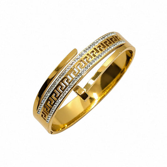 Greek Key Meander Design Sparkling Ad Stone Bracelet for Girls & Women