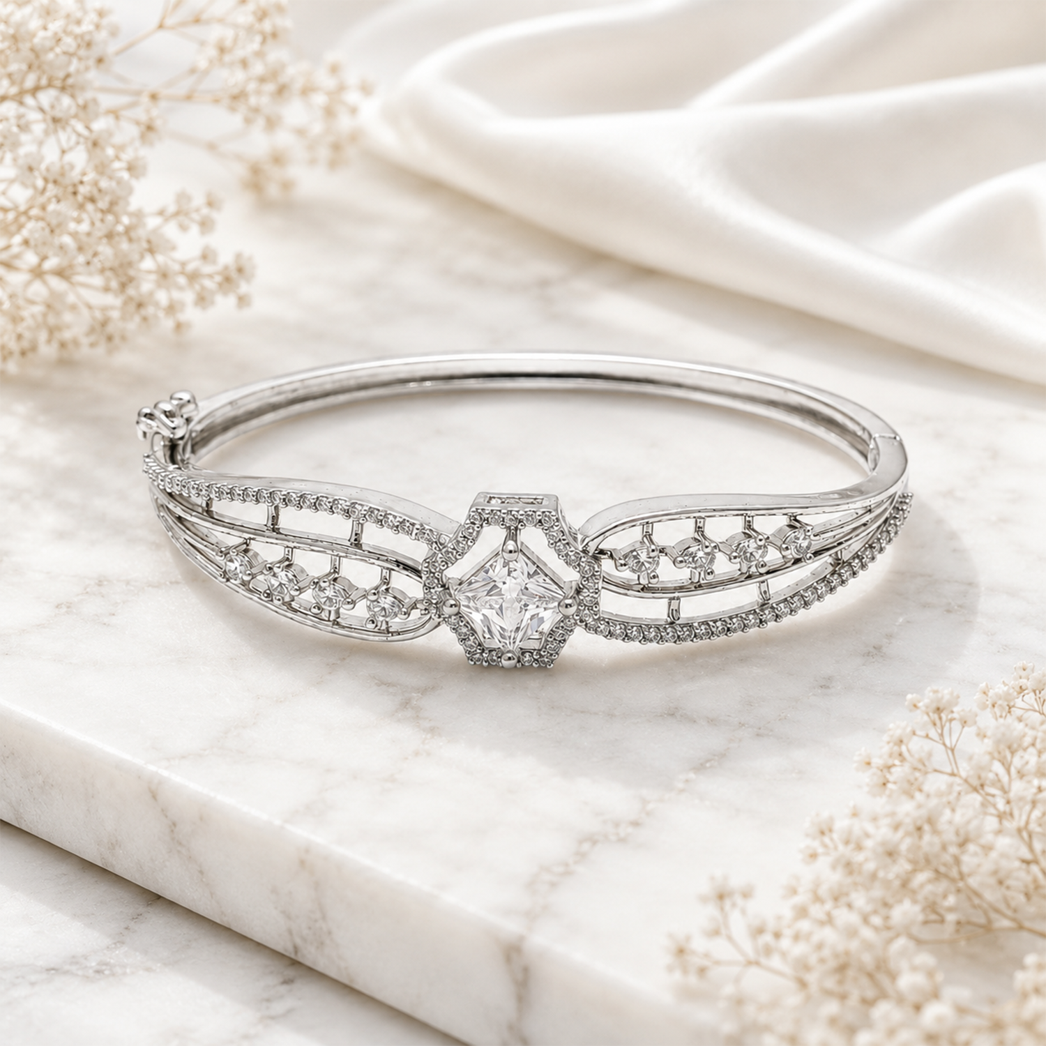 Striking Hexagonal Centerpiece Accented CZ Stone Bracelet for Girls & Women's