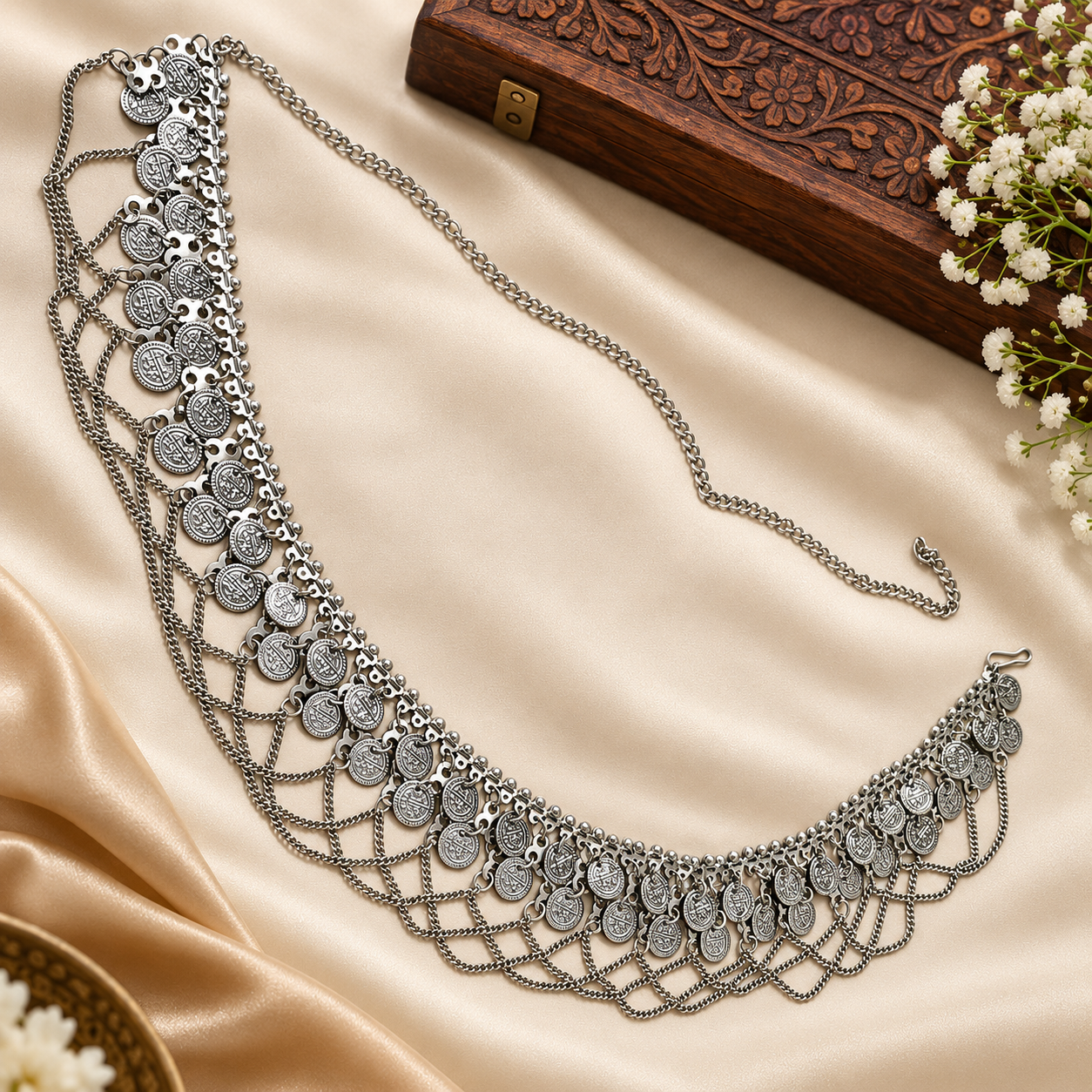 Oxidized Coin Kamarband Draped Chains
