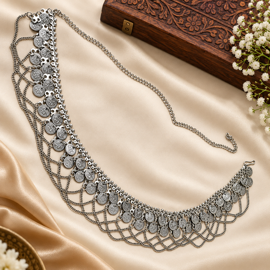 Oxidized Coin Kamarband Draped Chains