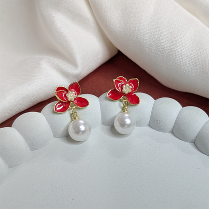 Stylish Vibrant Enamel Petals Pearl Drop Earrings For Girls & Women