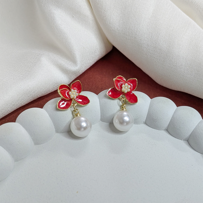 Stylish Vibrant Enamel Petals Pearl Drop Earrings For Girls & Women