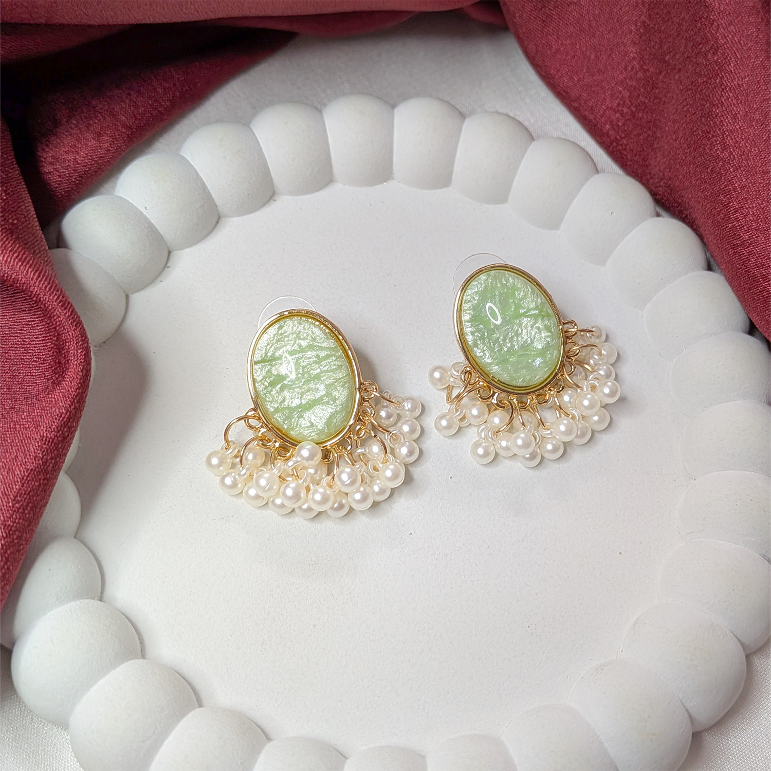 Oval Stone Pearl Stud Earrings with Pearl Tassel for Women & Girls