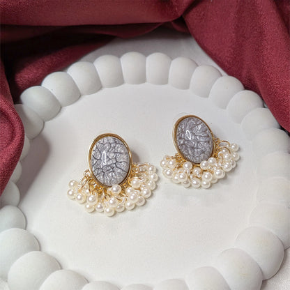 Oval Stone Pearl Stud Earrings with Pearl Tassel for Women & Girls