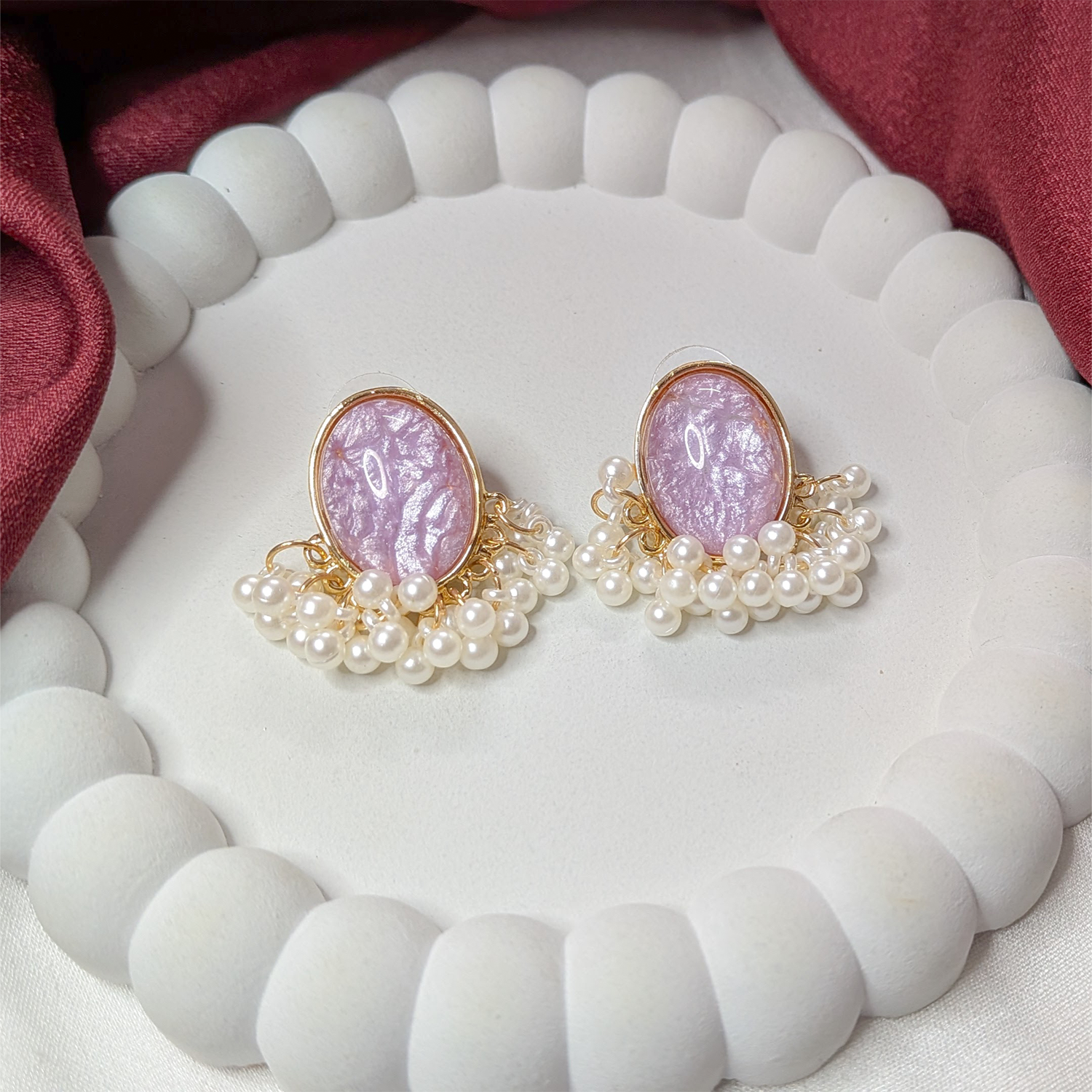 Oval Stone Pearl Stud Earrings with Pearl Tassel for Women & Girls
