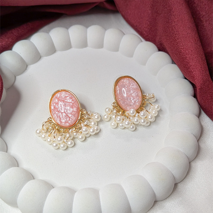 Oval Stone Pearl Stud Earrings with Pearl Tassel for Women & Girls