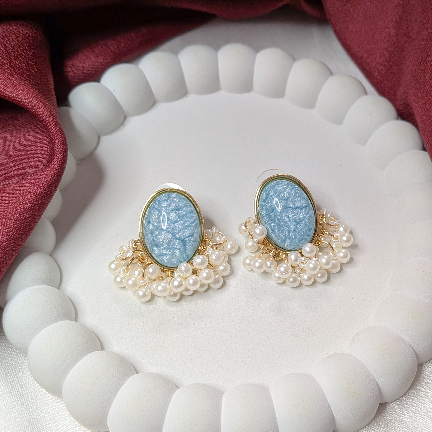 Oval Stone Pearl Stud Earrings with Pearl Tassel for Women & Girls