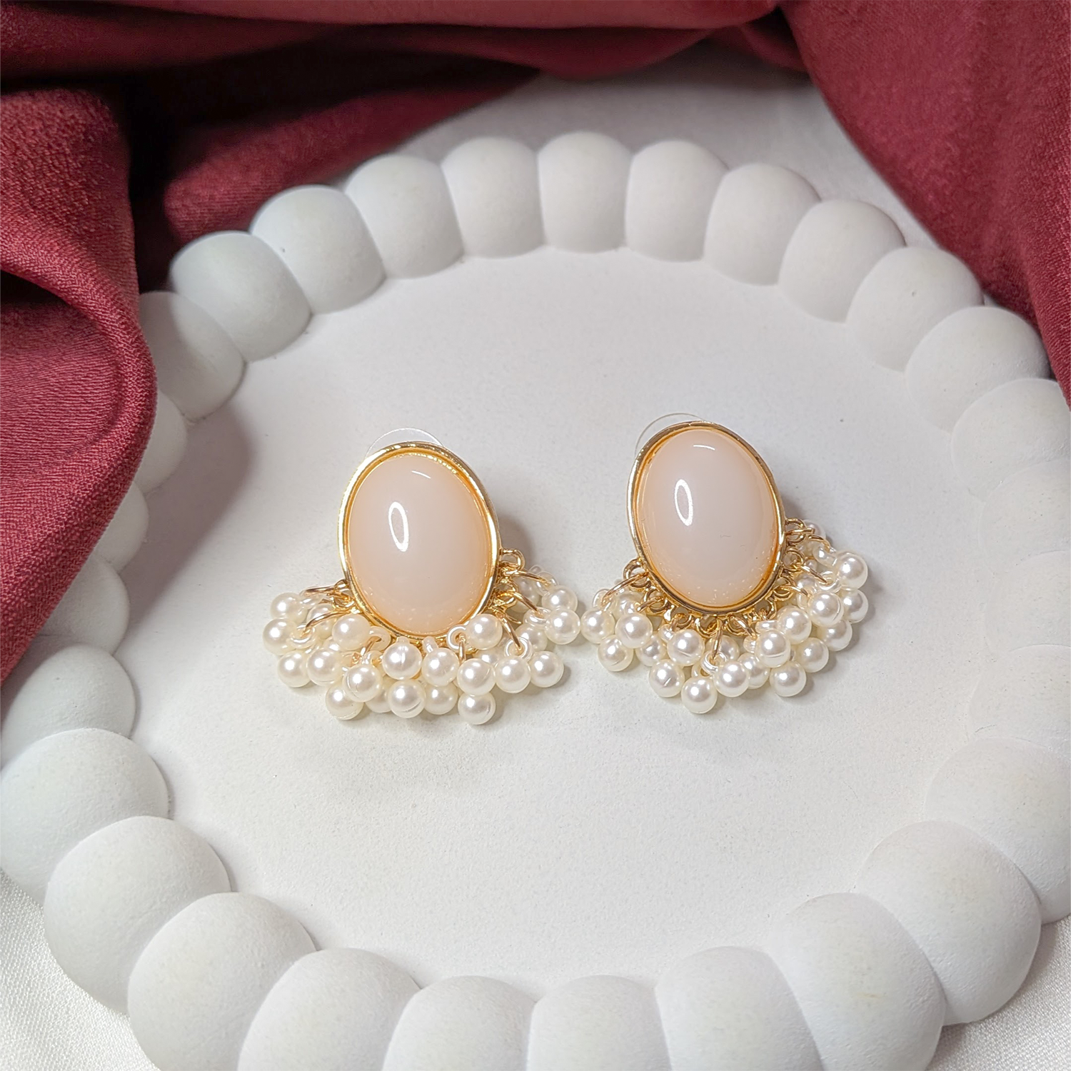 Oval Stone Pearl Stud Earrings with Pearl Tassel for Women & Girls
