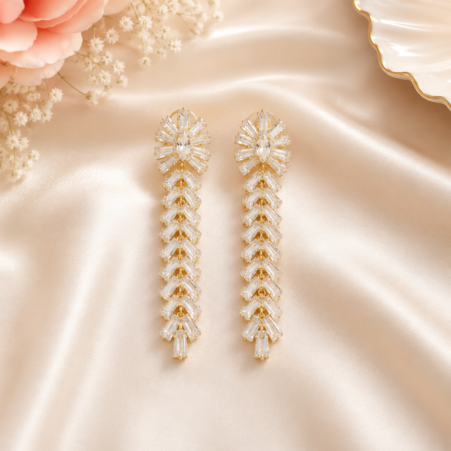 18K Sparkling Cubic Zirconia Stone Sunburst Baguette Earrings
