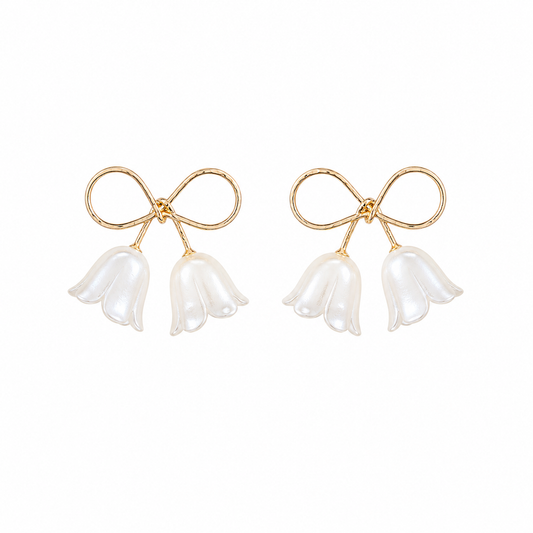 Gold Tone Bow Floral Drop Korean Earrings for Women & Girls