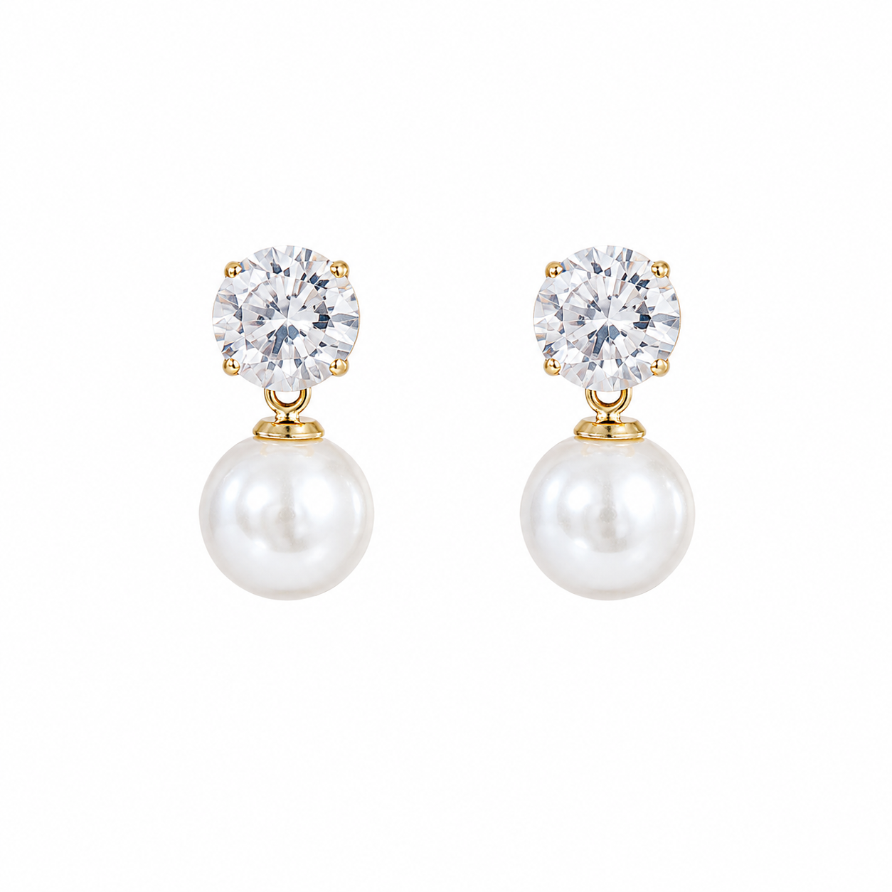 Elegant Round CZ Stone & White Faux Pearl Drop Korean Earrings for Women & Girls