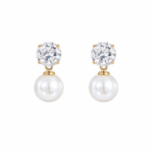 Elegant Round CZ Stone & White Faux Pearl Drop Korean Earrings for Women & Girls