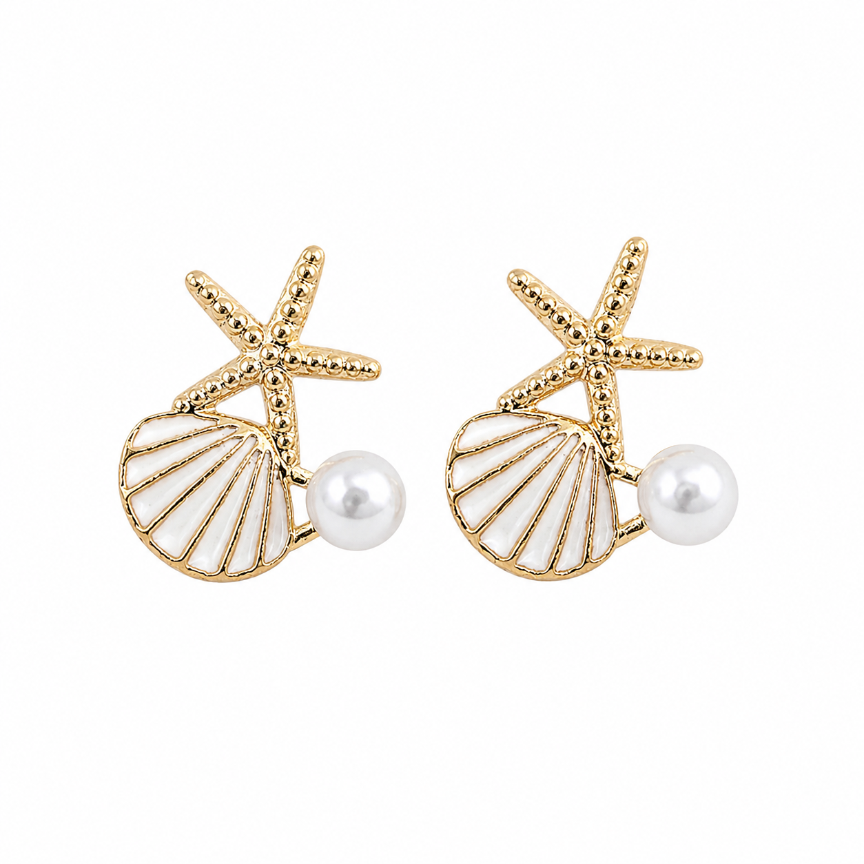 Gold Tone Starfish Shell & Faux Pearl Drop Korean Earrings for Women & Girls