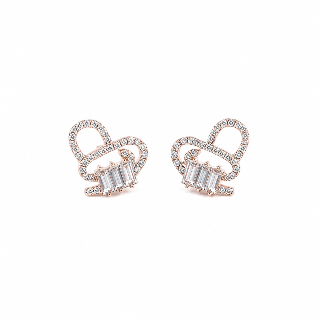 Rose Gold Heart Shaped CZ Stud Korean Earrings for Women & Girls