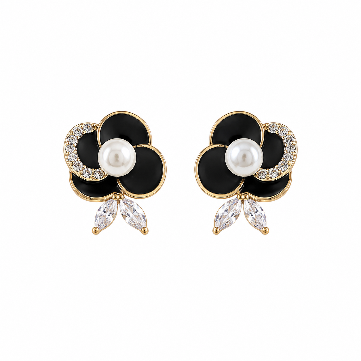 Black Flower Faux Pearl Stud Korean Earrings for Women & Girls