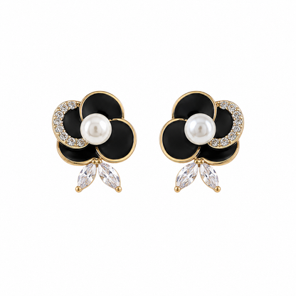 Black Flower Faux Pearl Stud Korean Earrings for Women & Girls