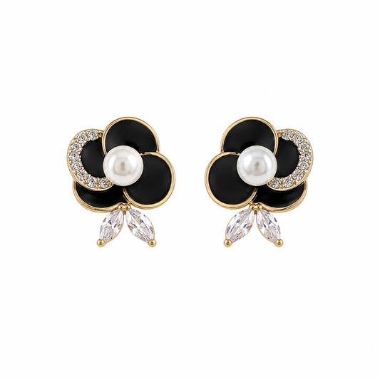 Black Flower Faux Pearl Stud Korean Earrings for Women & Girls