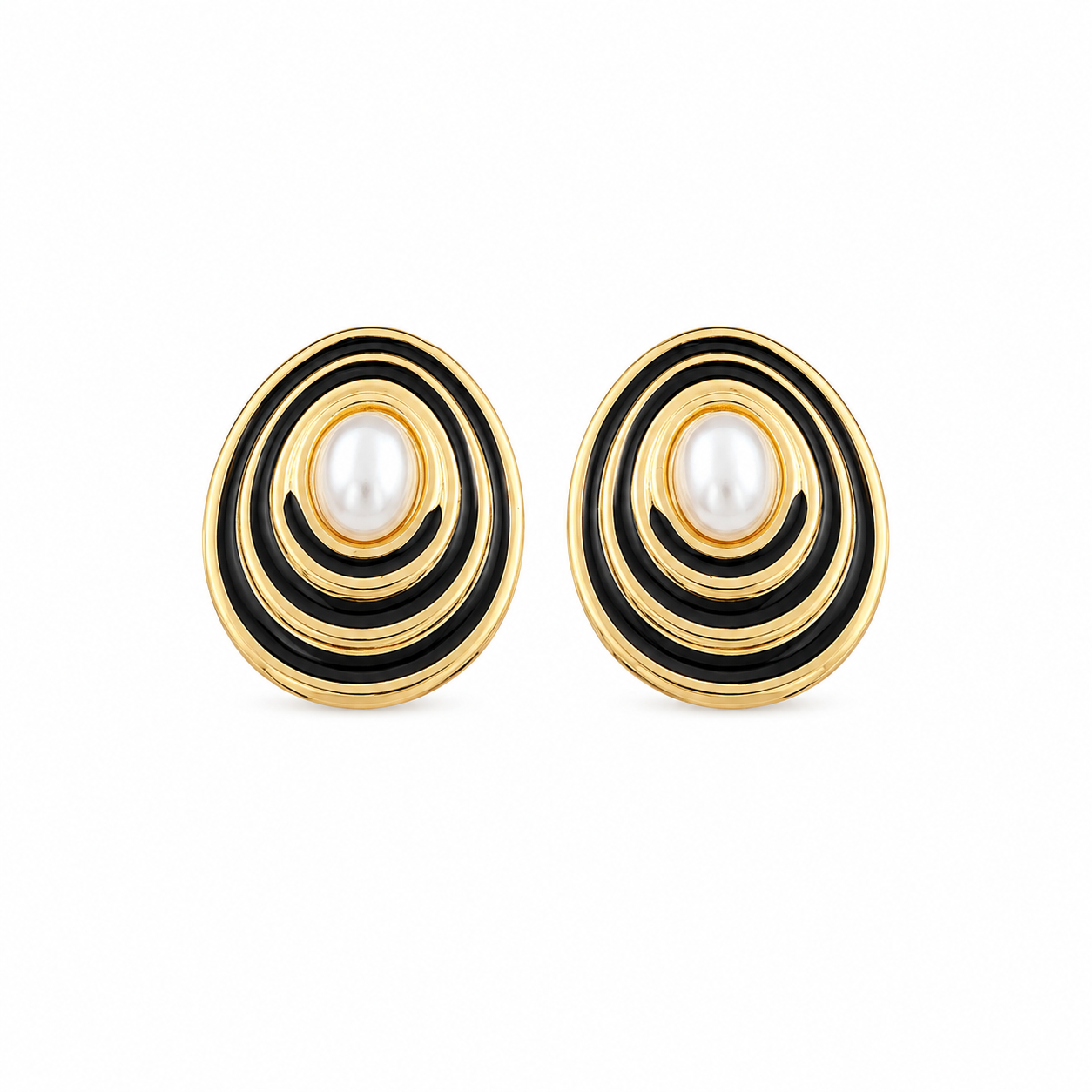 Gold Tone Black Enamel Pearl Korean Earrings for Women
