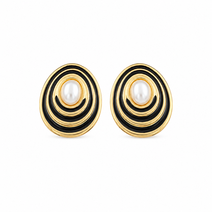 Gold Tone Black Enamel Pearl Korean Earrings for Women