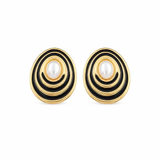 Gold Tone Black Enamel Pearl Korean Earrings for Women