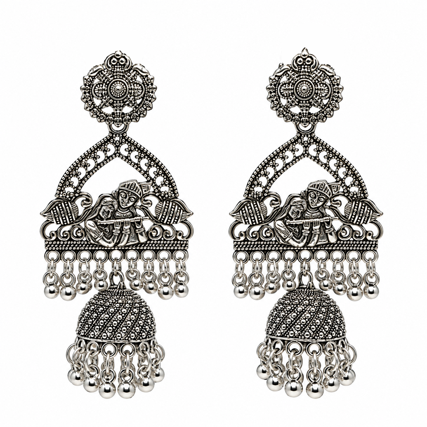 Oxidized Radha Krishna Motif Earrings for Girls & Women's