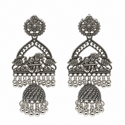 Oxidized Radha Krishna Motif Earrings for Girls & Women's