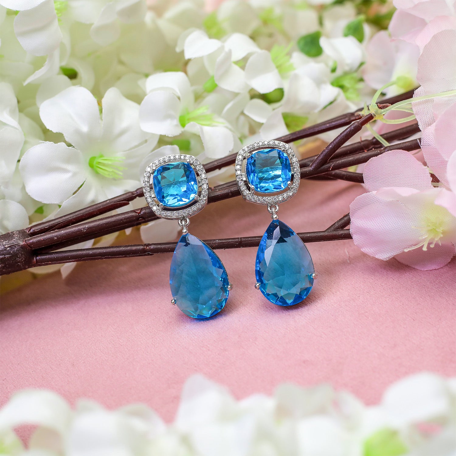Sky Blue Pear Cut Halo AD Stone Earrings for Girls & Women
