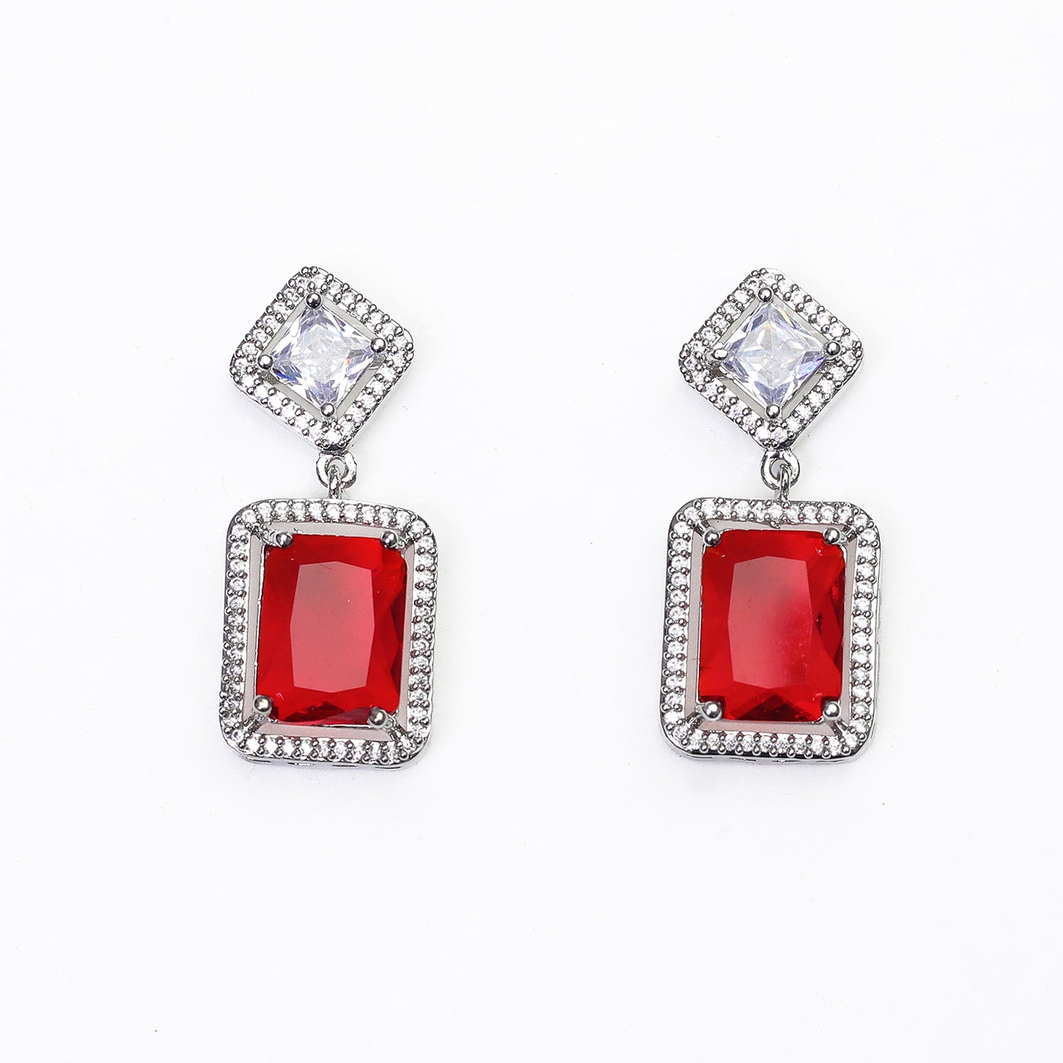 Red Square Cut Halo AD Stone Earrings for Girls & Women