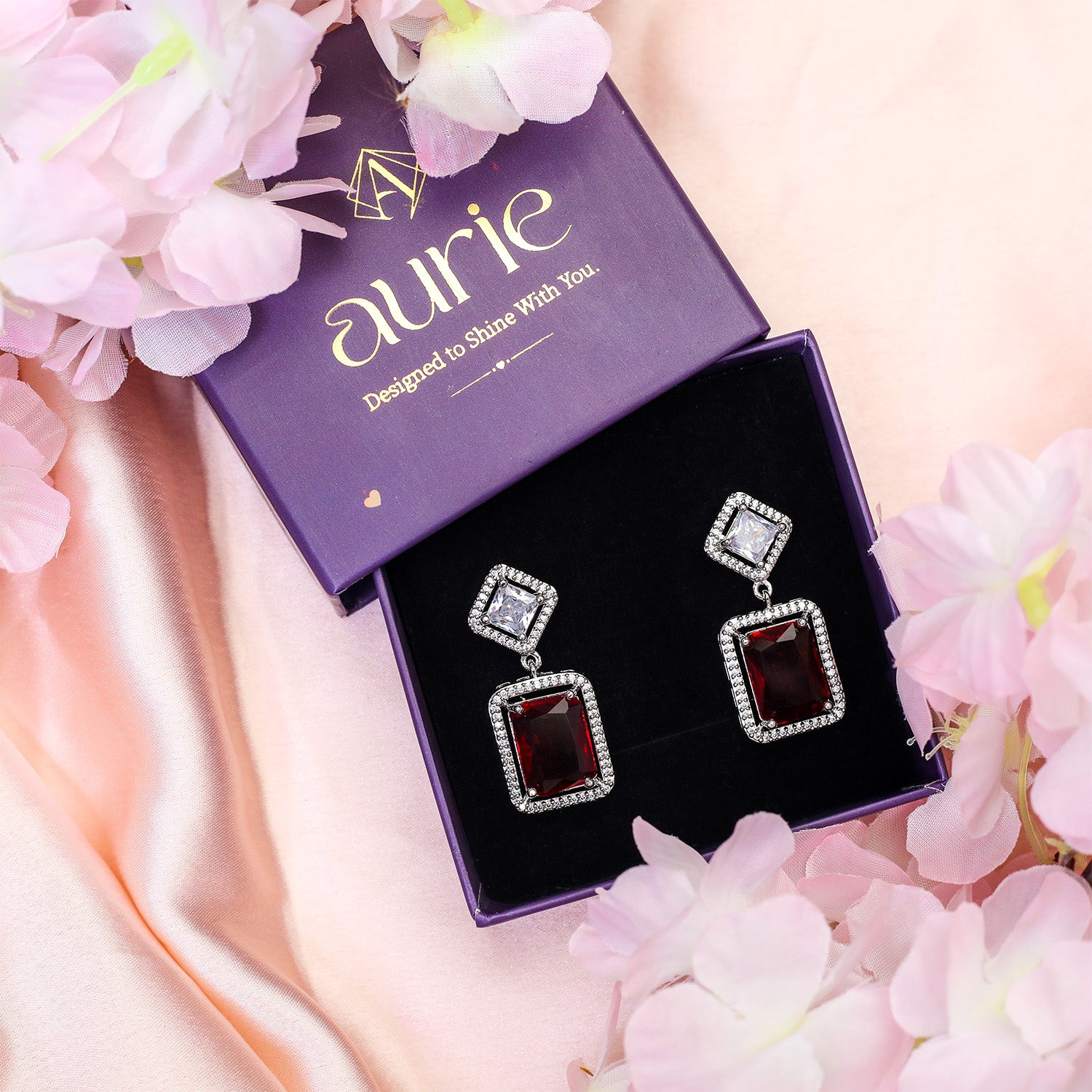 Red Square Cut Halo AD Stone Earrings for Girls & Women