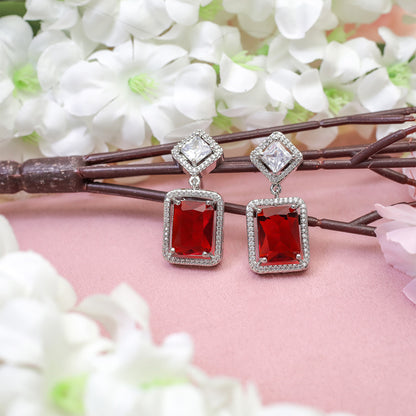 Red Square Cut Halo AD Stone Earrings for Girls & Women
