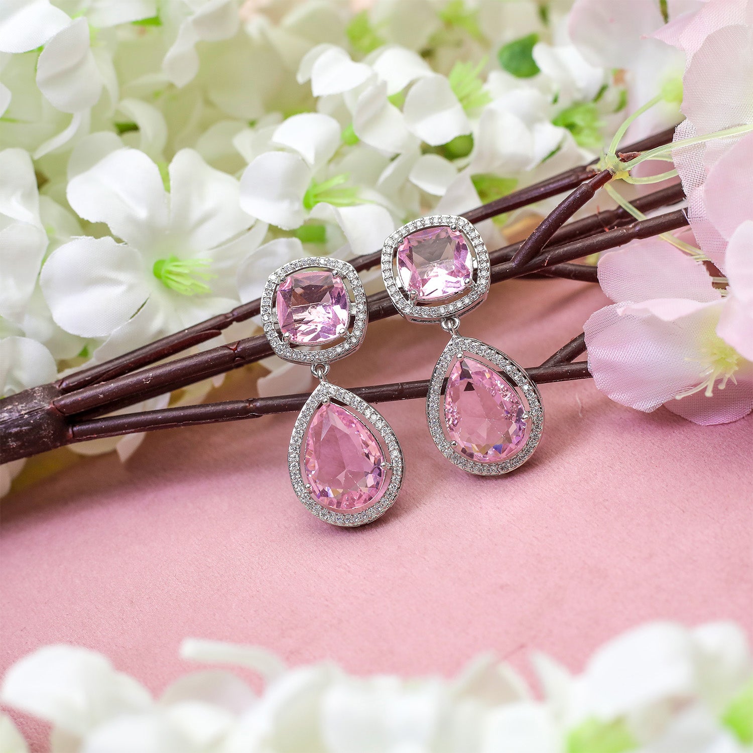 Pear Cut Square Stone Brass Dangle Drop Earrings for Girls & Women's
