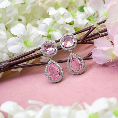 Pear Cut Square Stone Brass Dangle Drop Earrings for Girls & Women's