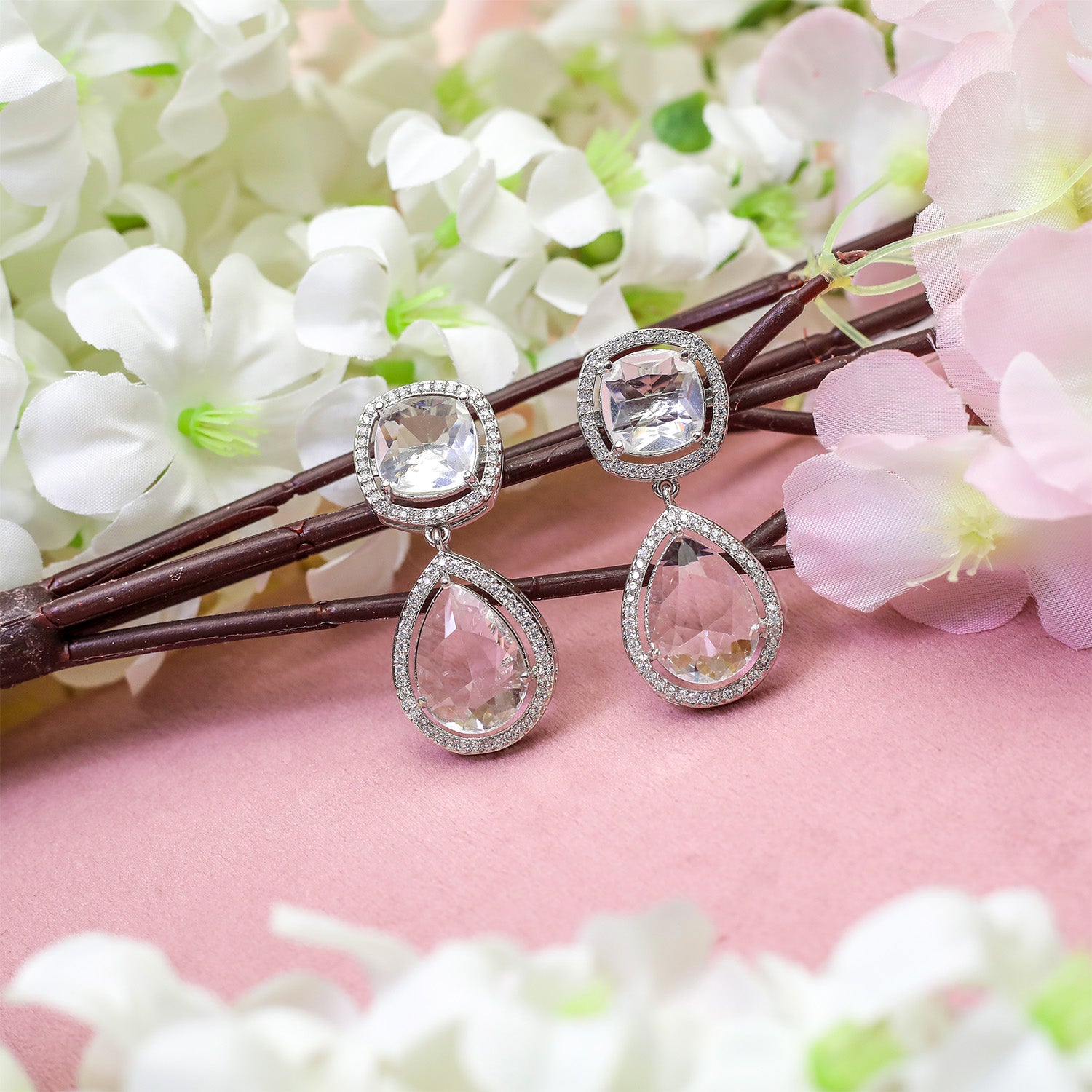 Pear Cut Square Stone Brass Dangle Drop Earrings for Girls & Women's