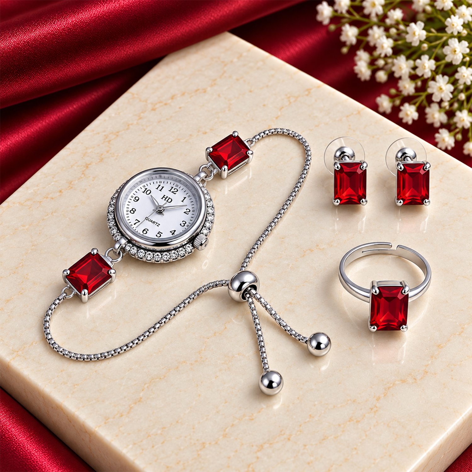 Kashmiri Watch Square Earrings with Ring Gift Hamper