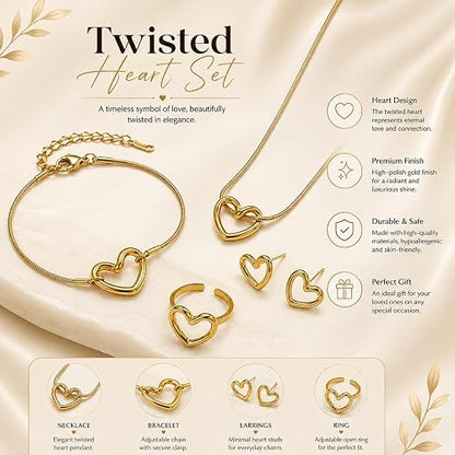 Gold Twisted Heart Jewelry Set for Women & Girls
