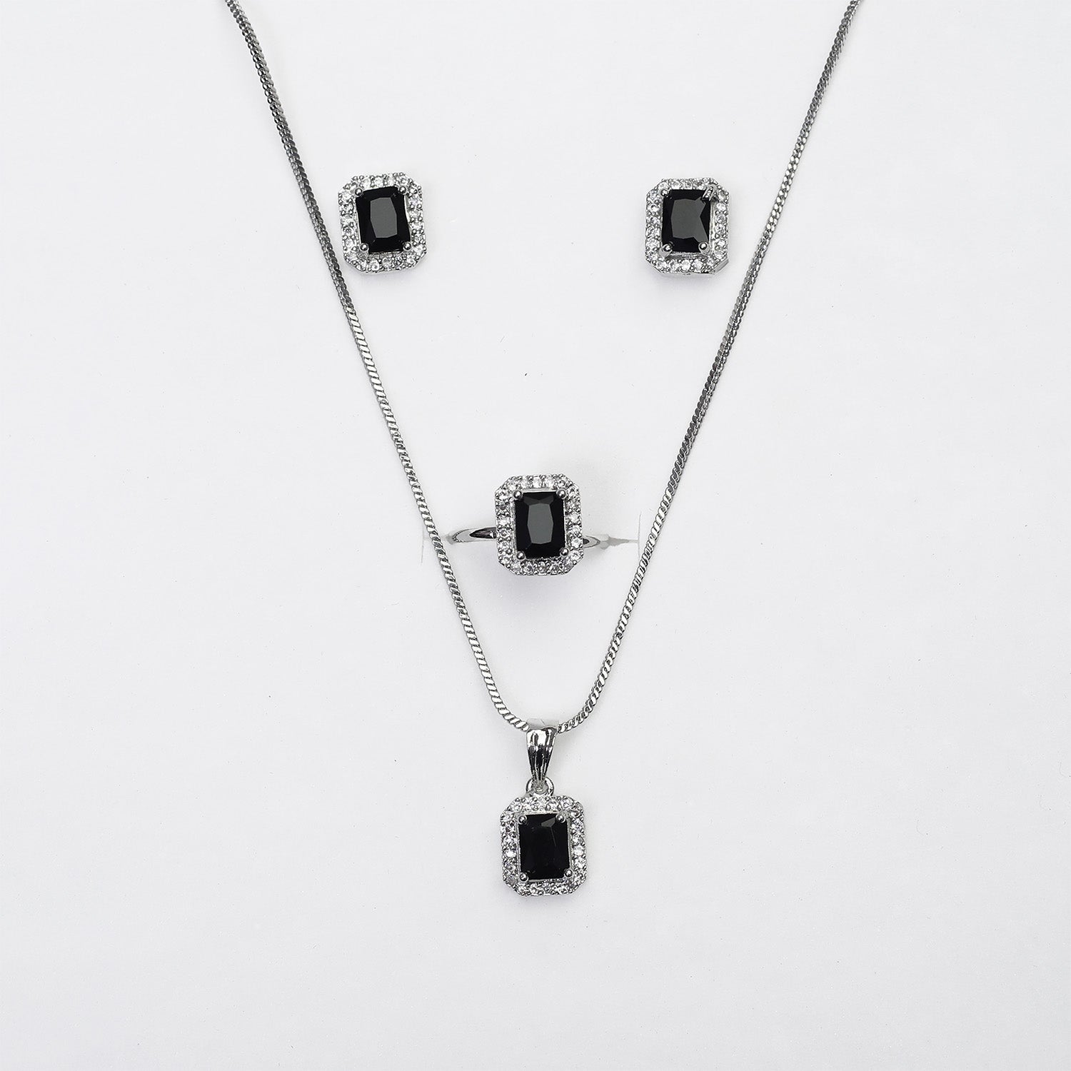 Square AD Stone Pendant Necklace, Earrings & Ring Jewellery Set for Women
