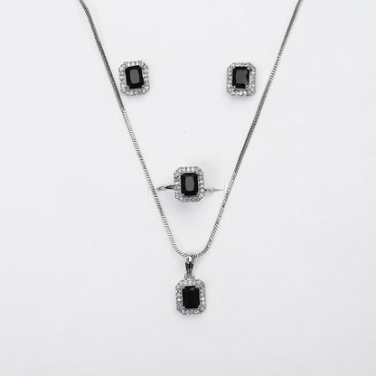 Square AD Stone Pendant Necklace, Earrings & Ring Jewellery Set for Women