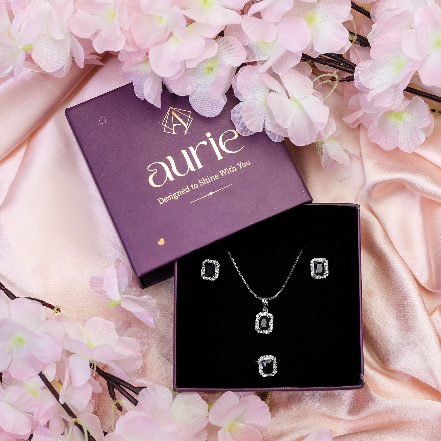 Square AD Stone Pendant Necklace, Earrings & Ring Jewellery Set for Women