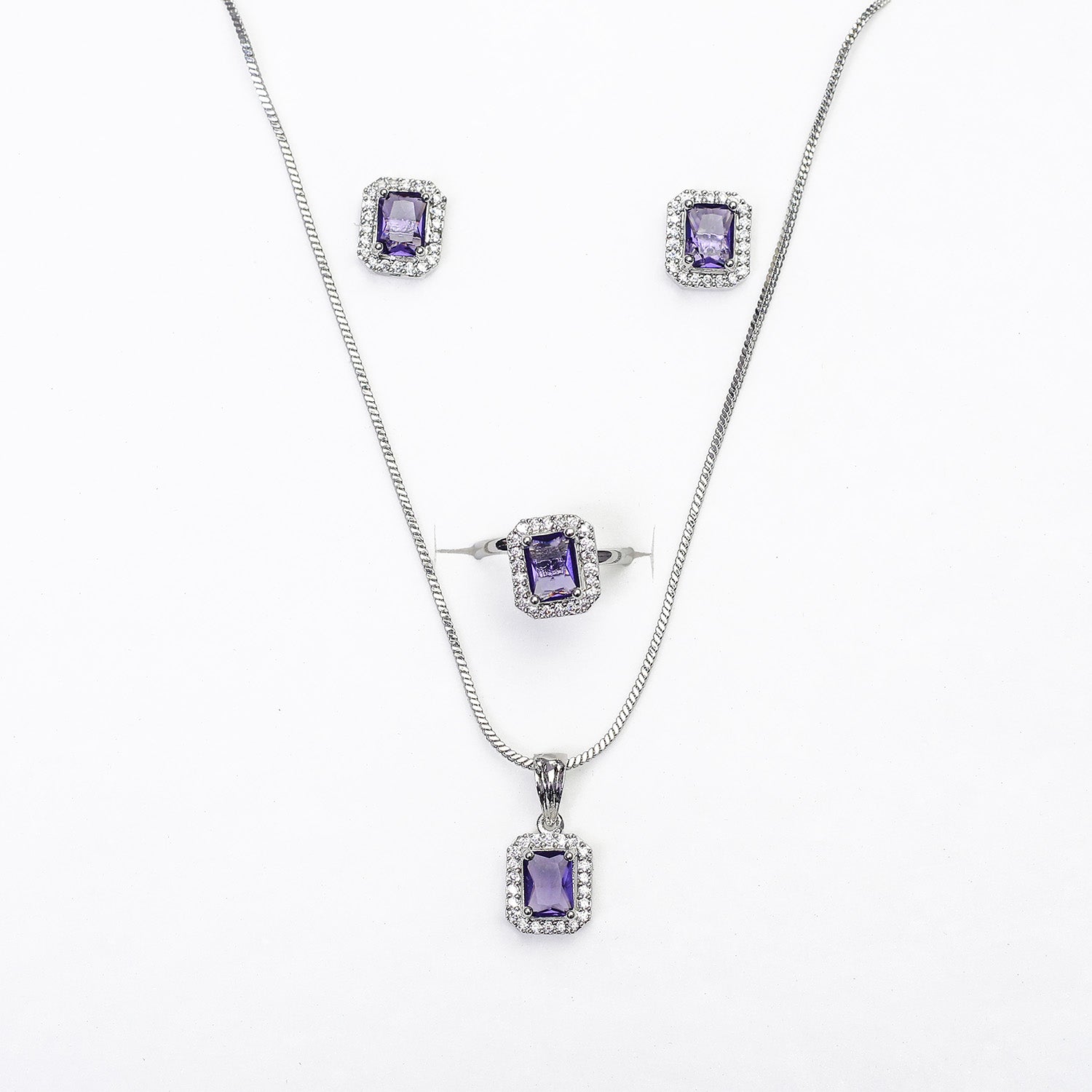 Square AD Stone Pendant Necklace, Earrings & Ring Jewellery Set for Women