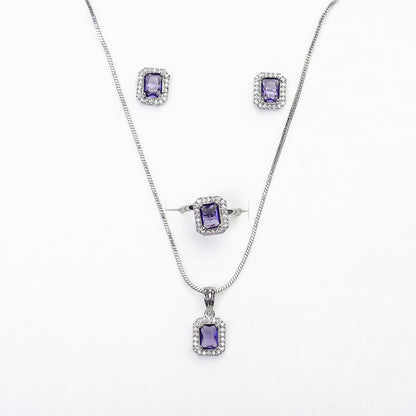 Square AD Stone Pendant Necklace, Earrings & Ring Jewellery Set for Women