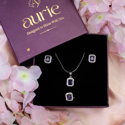 Square AD Stone Pendant Necklace, Earrings & Ring Jewellery Set for Women