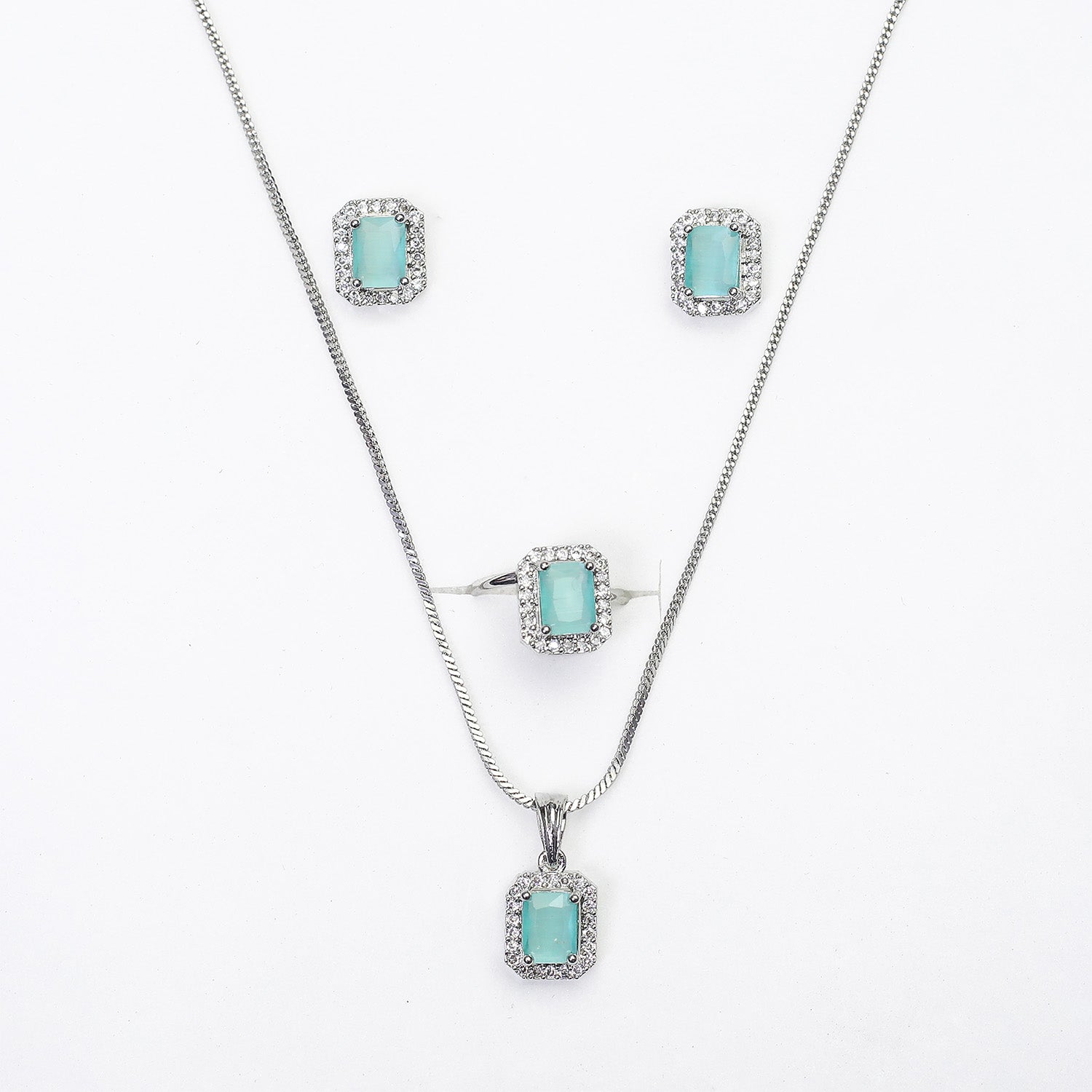 Square AD Stone Pendant Necklace, Earrings & Ring Jewellery Set for Women
