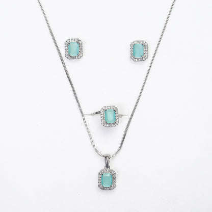Square AD Stone Pendant Necklace, Earrings & Ring Jewellery Set for Women