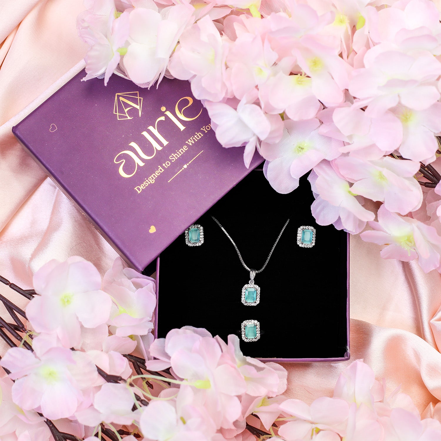 Square AD Stone Pendant Necklace, Earrings & Ring Jewellery Set for Women
