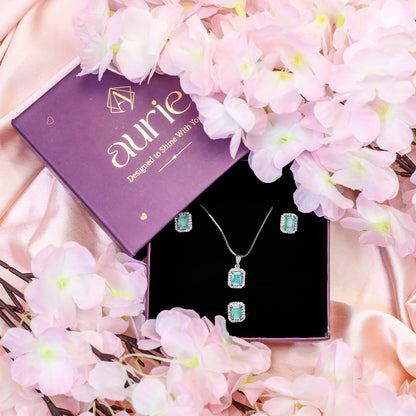 Square AD Stone Pendant Necklace, Earrings & Ring Jewellery Set for Women