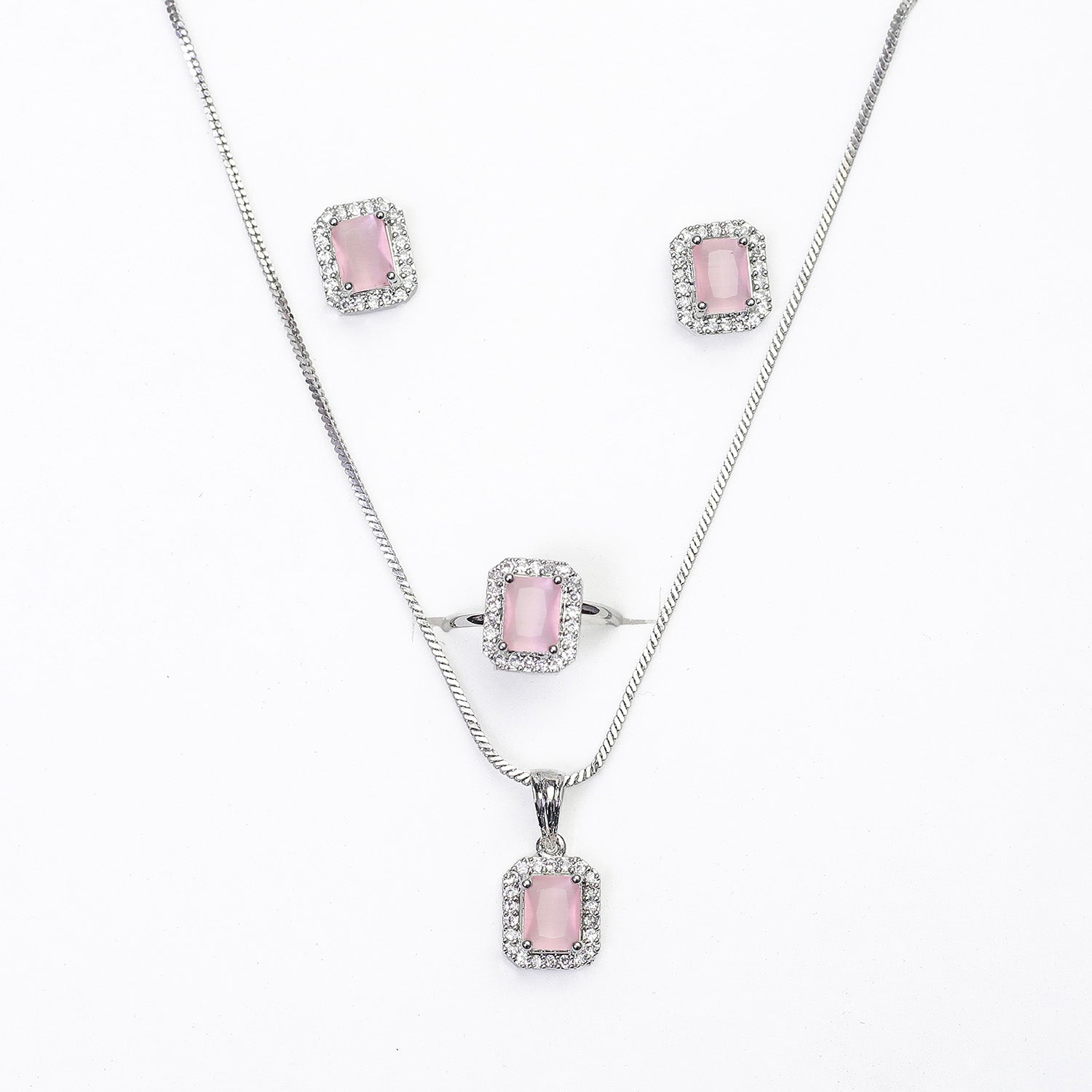 Square AD Stone Pendant Necklace, Earrings & Ring Jewellery Set for Women