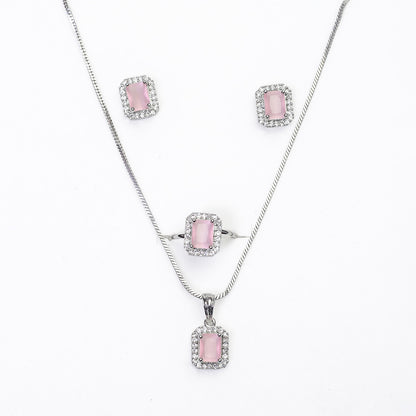 Square AD Stone Pendant Necklace, Earrings & Ring Jewellery Set for Women