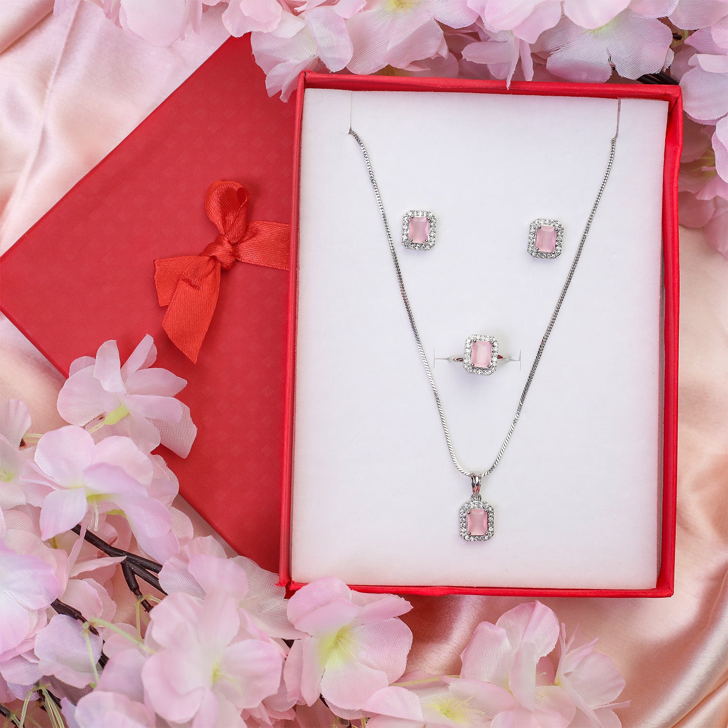 Square AD Stone Pendant Necklace, Earrings & Ring Jewellery Set for Women